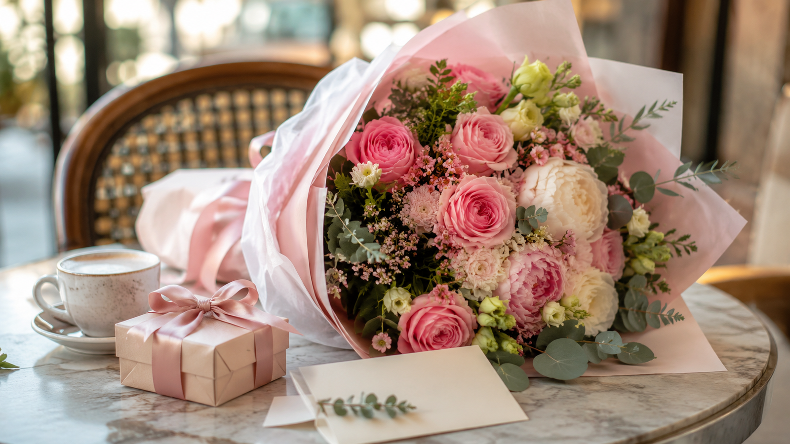 Buquê delicado em tons de rosa com rosas e peônias, ao lado de um presente e um cartão