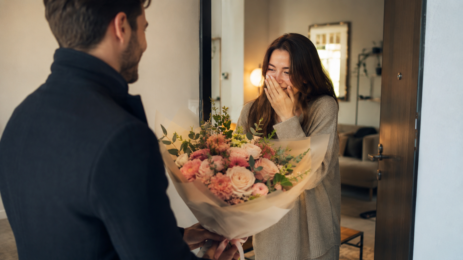 Homem surpreendendo a namorada na porta de casa com um buquê de flores