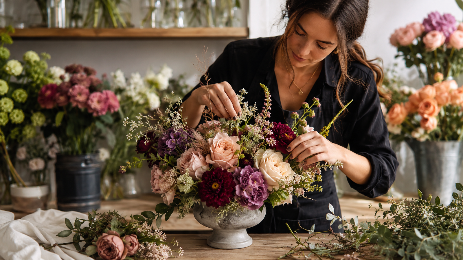 Florista da Florgiul montando um arranjo autoral com rosas e dálias no ateliê