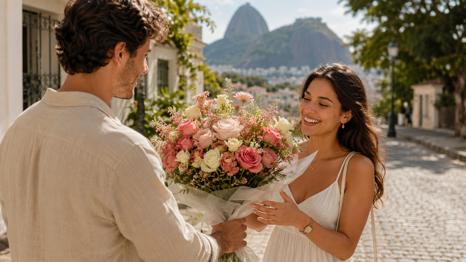 Casal em Copacabana, com o Pão de Açúcar ao fundo, e um buquê de rosas cor-de-rosa
