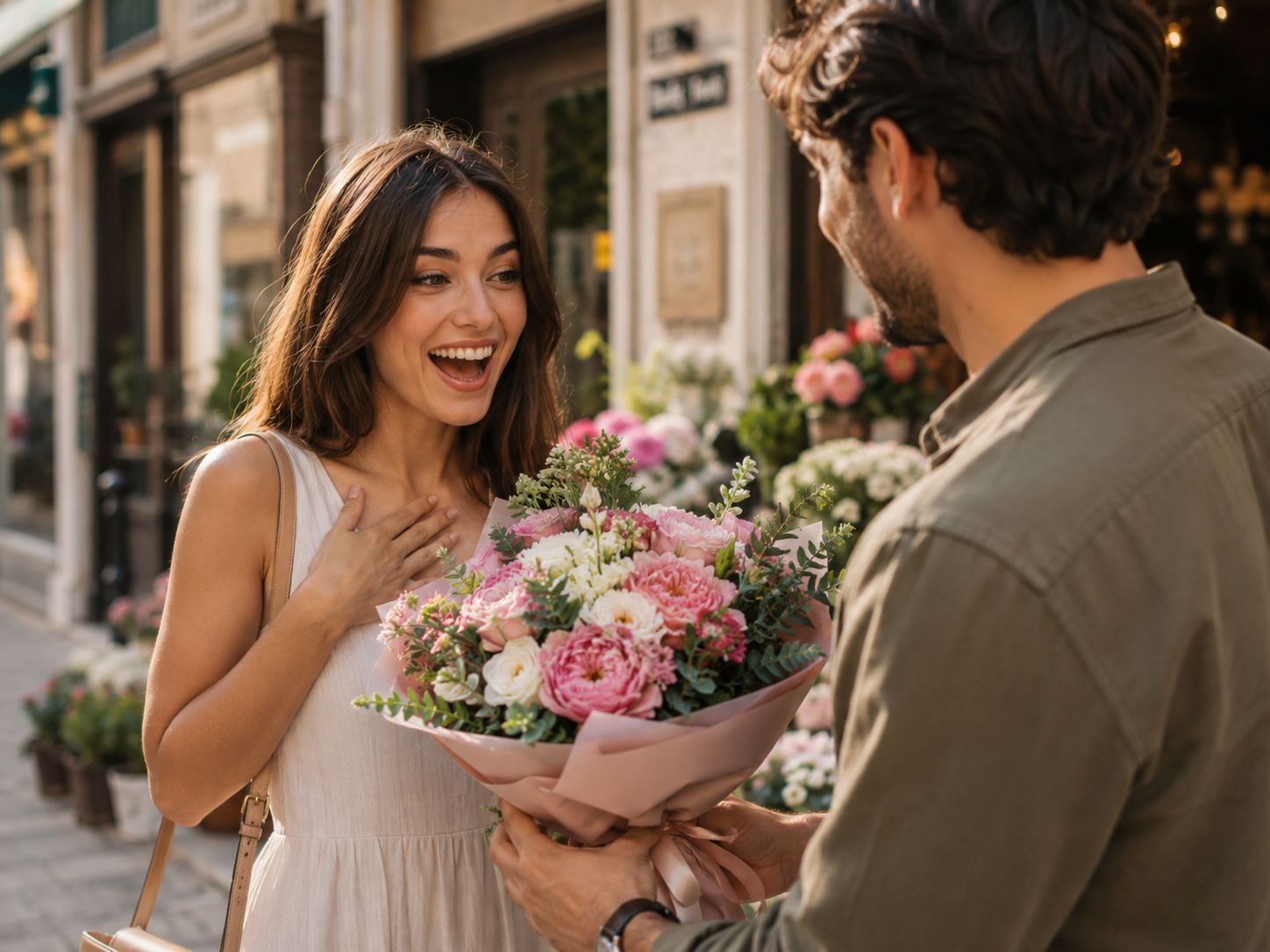 Mulher emocionada recebendo um buquê de flores de presente em frente a uma floricultura