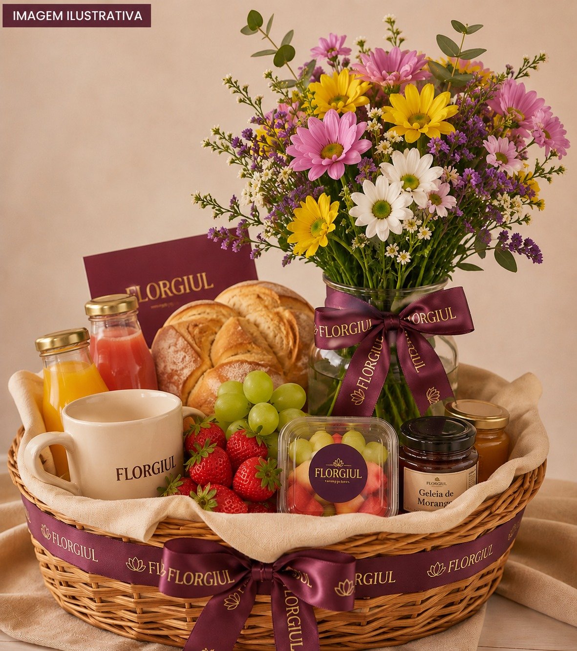 Cesta de café da manhã da Florgiul com pães, frutas, sucos, geleias e um arranjo de flores frescas